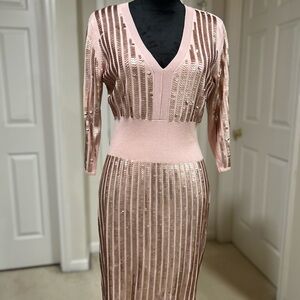 New York & Company Pink Sequin Long Sleeve Dress